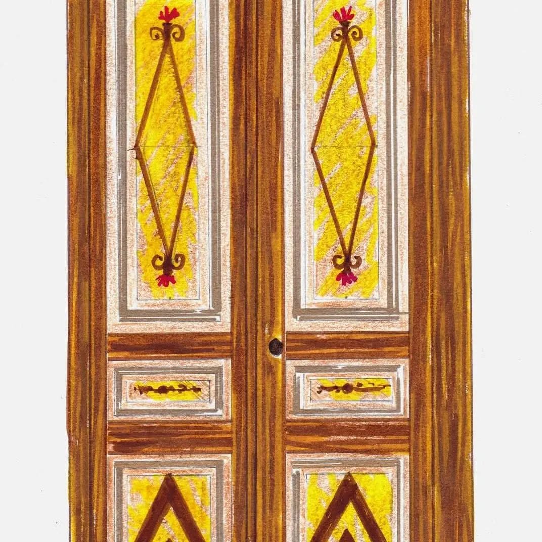 Maquette peinte du décor de porte, faux bois et losanges jaunes