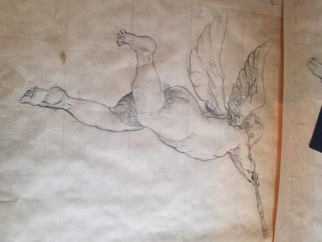 Dessin préparatoire des angelots du faux ciel, tracé au crayon sur papier