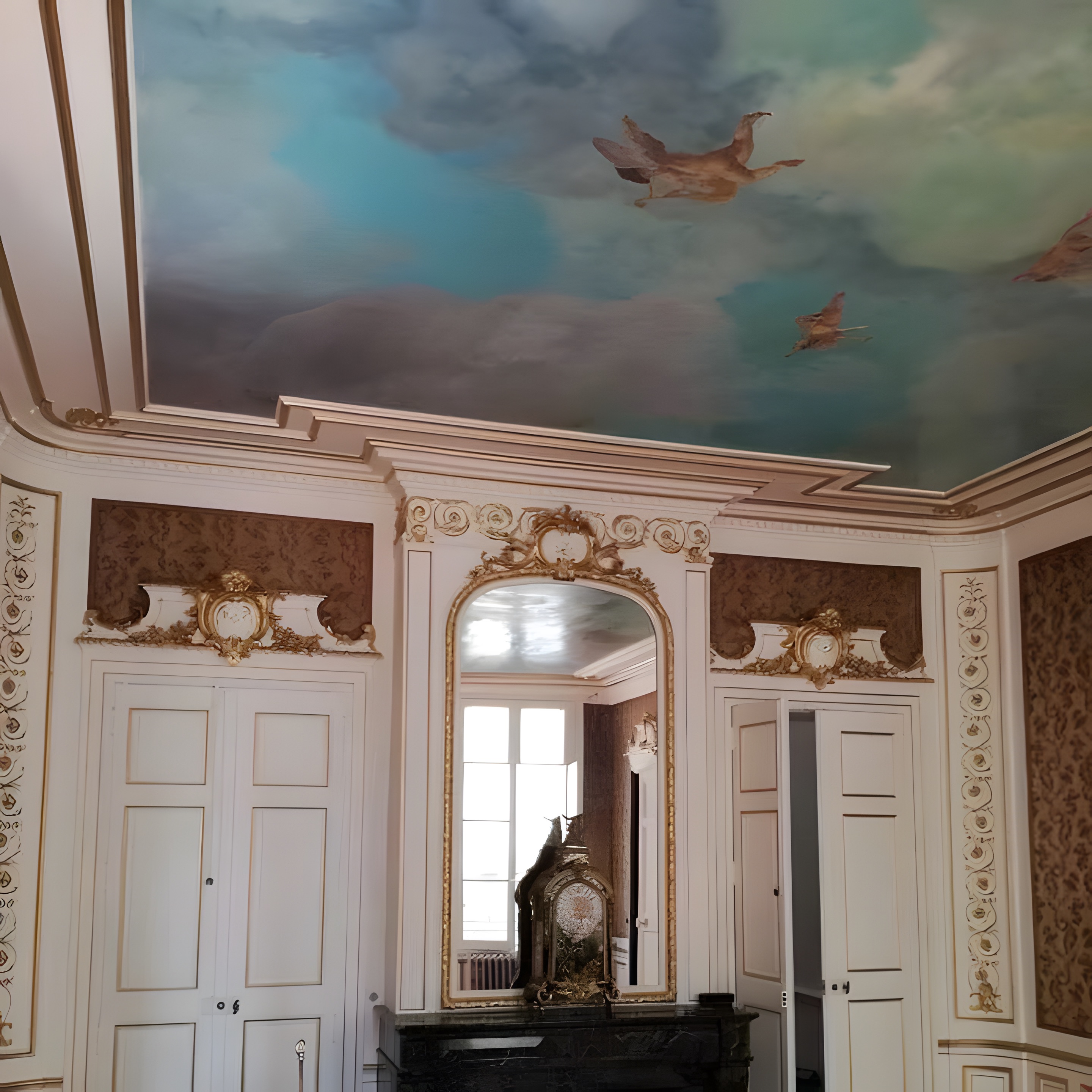 Plafond peint d'un ciel aux angelots, corniche dorée et boiseries restaurées par l'Atelier des Arènes